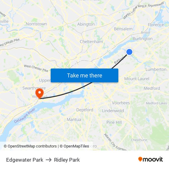 Edgewater Park to Ridley Park map