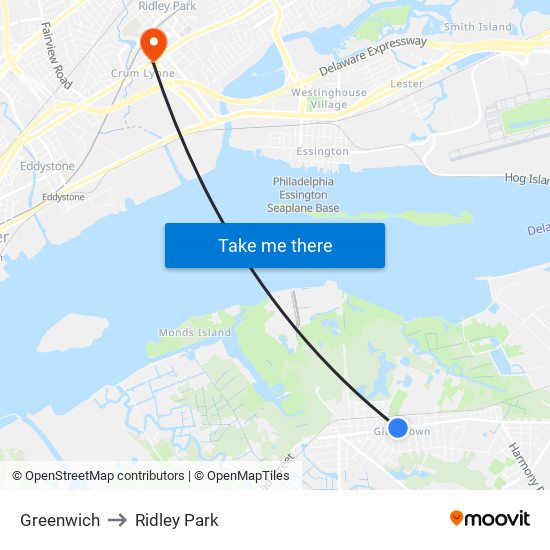 Greenwich to Ridley Park map