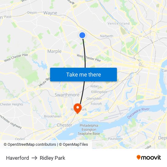 Haverford to Ridley Park map
