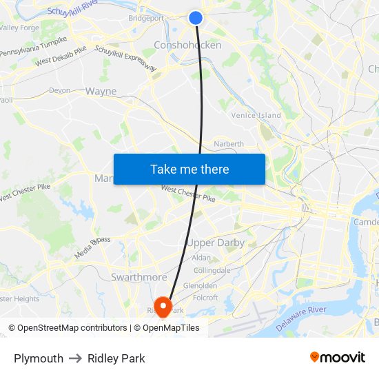 Plymouth to Ridley Park map