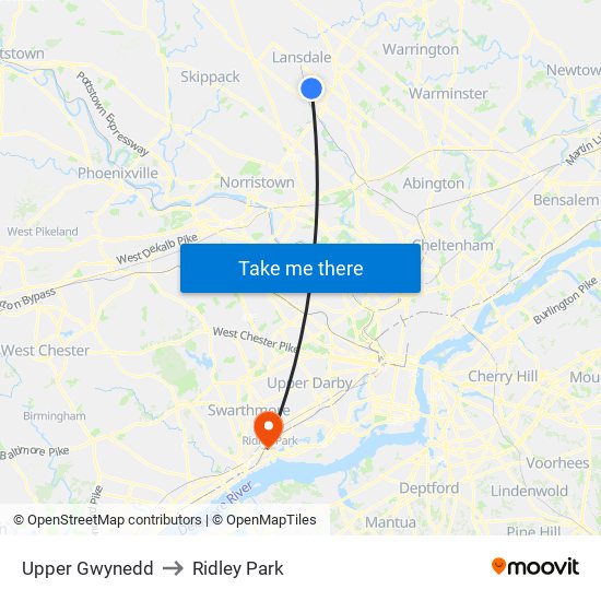 Upper Gwynedd to Ridley Park map