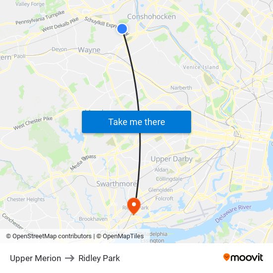 Upper Merion to Ridley Park map