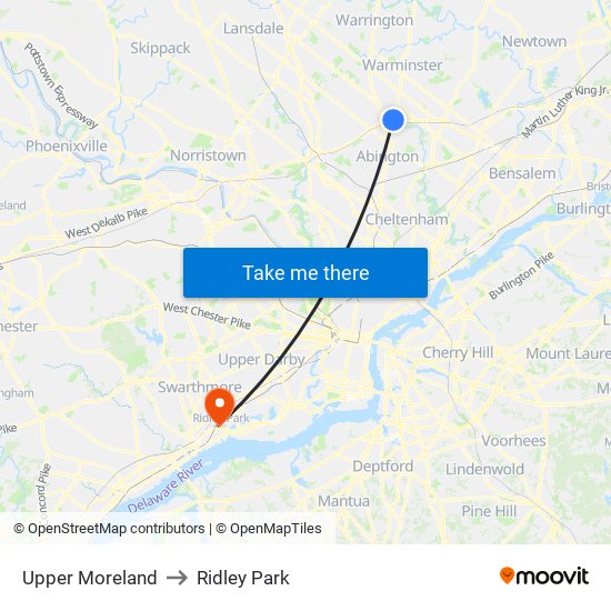 Upper Moreland to Ridley Park map