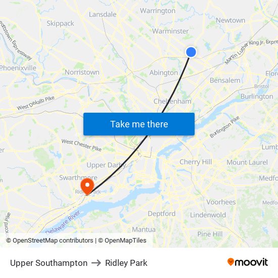 Upper Southampton to Ridley Park map