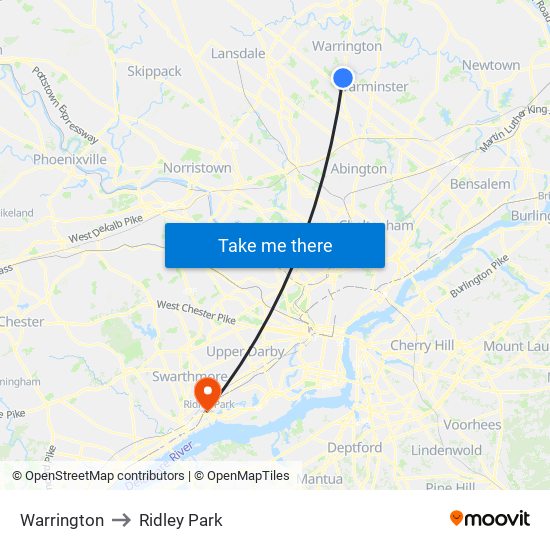 Warrington to Ridley Park map