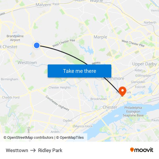 Westtown to Ridley Park map