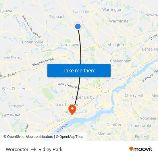Worcester to Ridley Park map