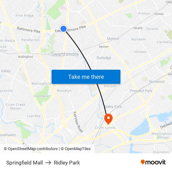 Springfield Mall to Ridley Park map