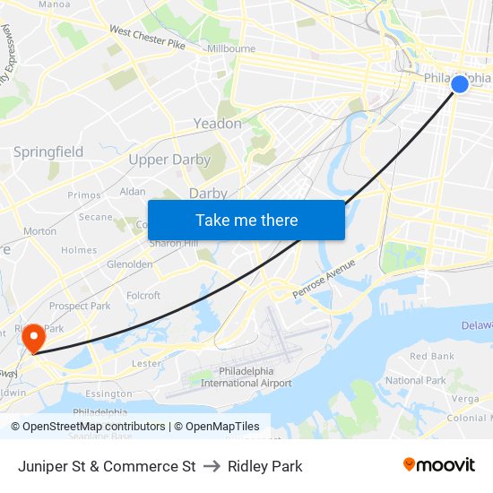 Juniper St & Commerce St to Ridley Park map