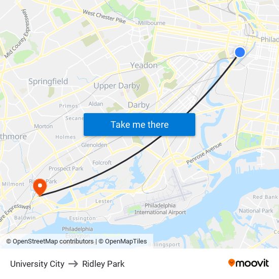 University City to Ridley Park map
