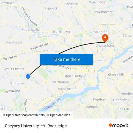 Cheyney University to Rockledge map