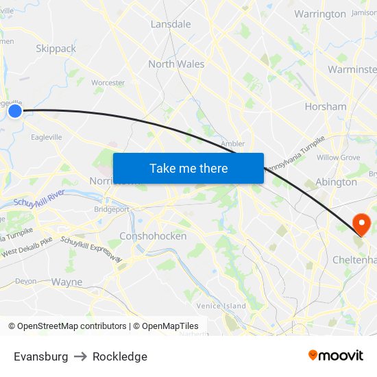 Evansburg to Rockledge map