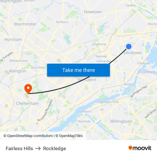 Fairless Hills to Rockledge map
