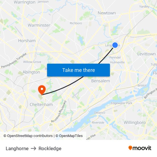 Langhorne to Rockledge map