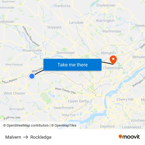 Malvern to Rockledge map