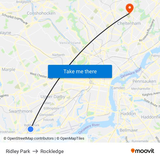 Ridley Park to Rockledge map