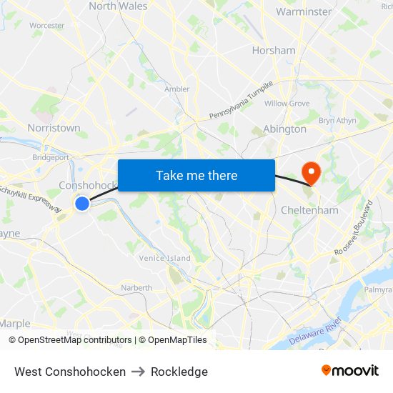 West Conshohocken to Rockledge map
