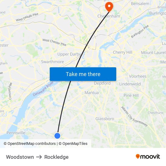 Woodstown to Rockledge map