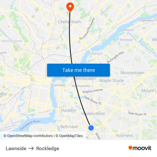 Lawnside to Rockledge map