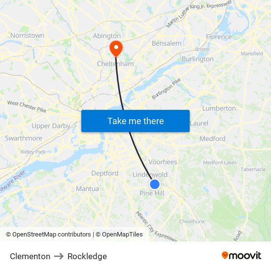 Clementon to Rockledge map