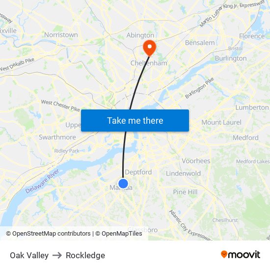 Oak Valley to Rockledge map