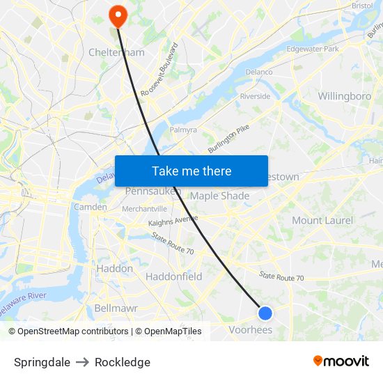 Springdale to Rockledge map