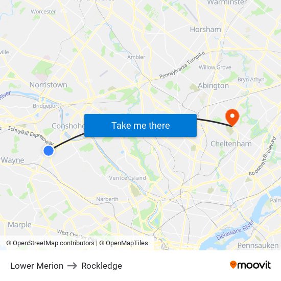 Lower Merion to Rockledge map