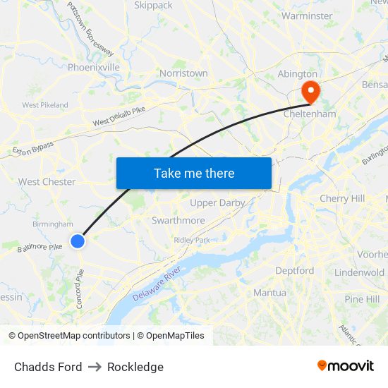 Chadds Ford to Rockledge map