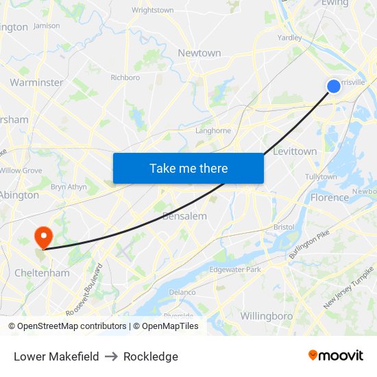 Lower Makefield to Rockledge map