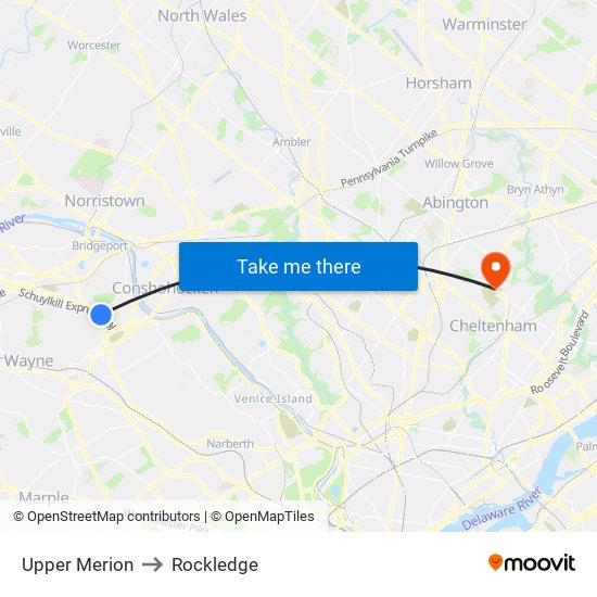 Upper Merion to Rockledge map