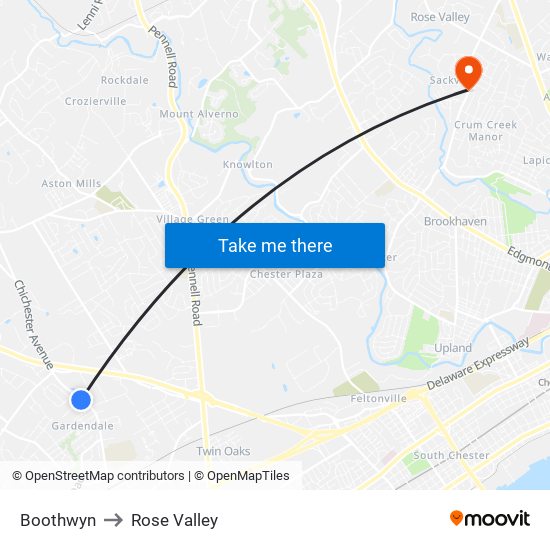 Boothwyn to Rose Valley map