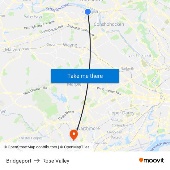 Bridgeport to Rose Valley map