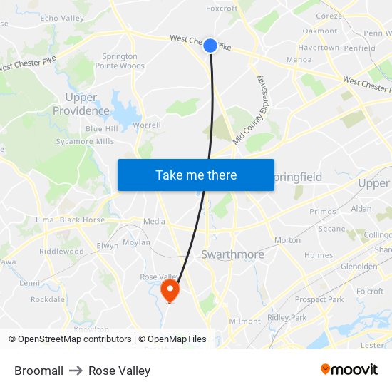 Broomall to Rose Valley map