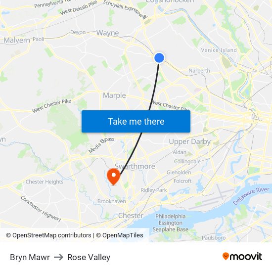 Bryn Mawr to Rose Valley map