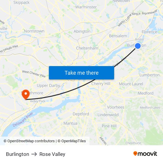 Burlington to Rose Valley map