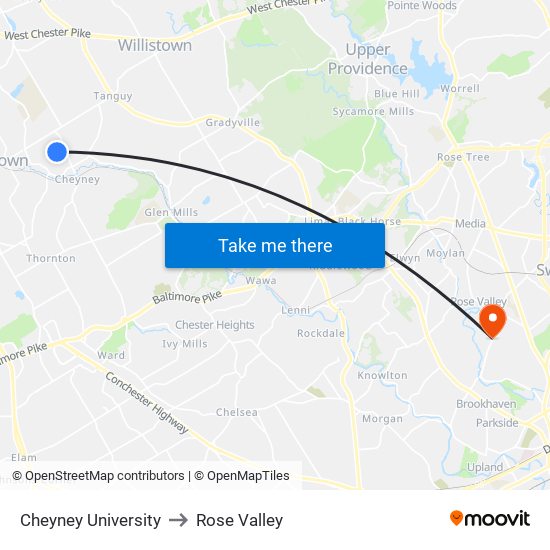 Cheyney University to Rose Valley map