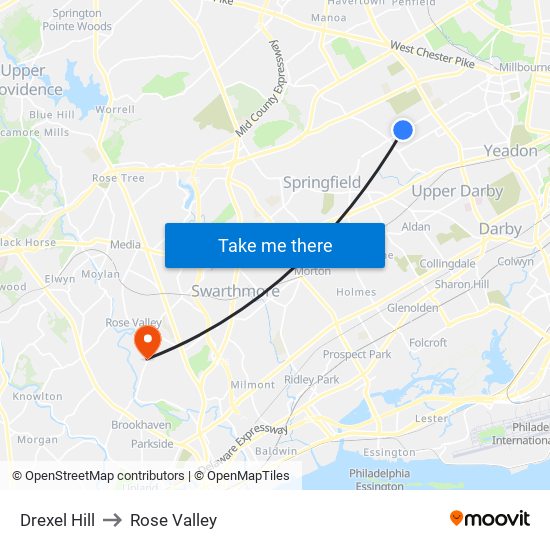 Drexel Hill to Rose Valley map