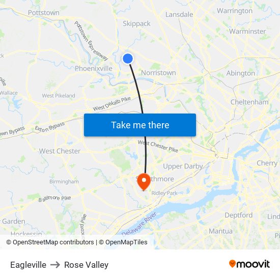 Eagleville to Rose Valley map