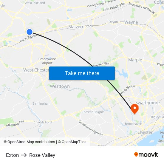 Exton to Rose Valley map