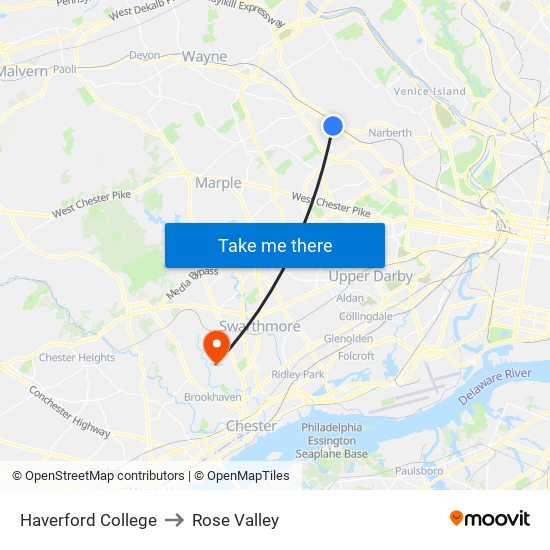 Haverford College to Rose Valley map