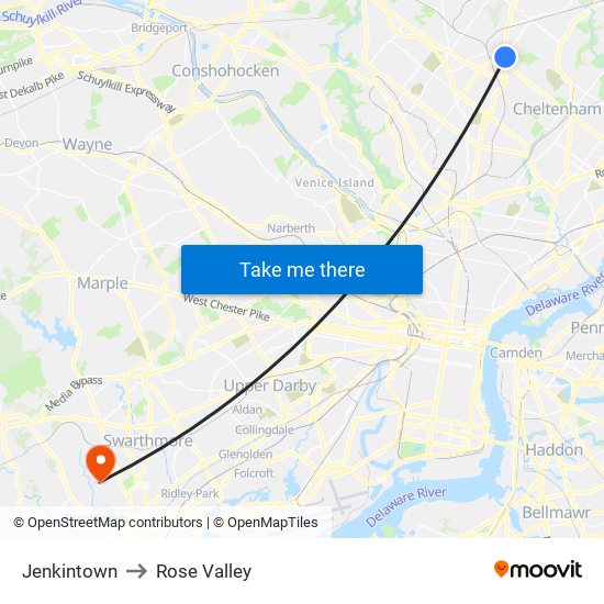 Jenkintown to Rose Valley map