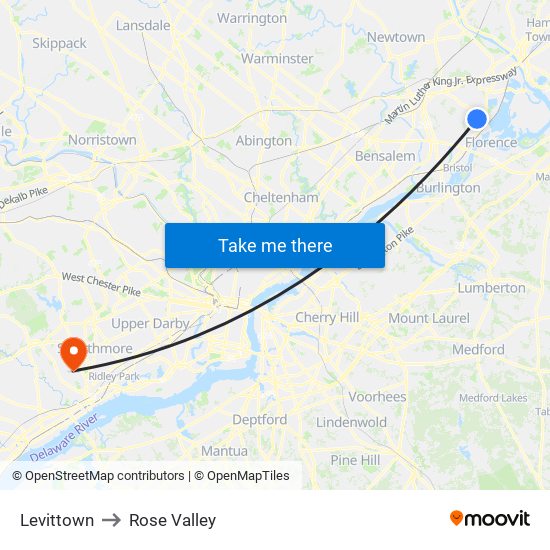 Levittown to Rose Valley map