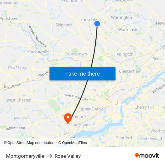 Montgomeryville to Rose Valley map