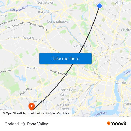 Oreland to Rose Valley map