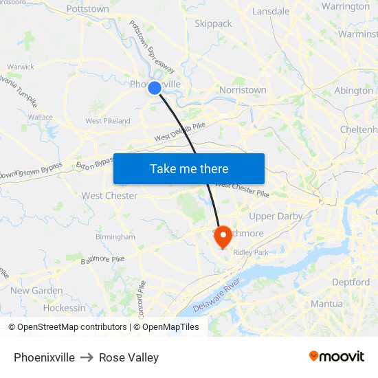 Phoenixville to Rose Valley map