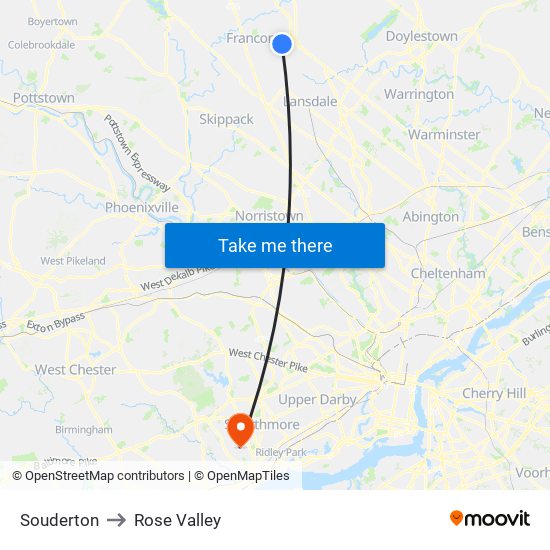 Souderton to Rose Valley map