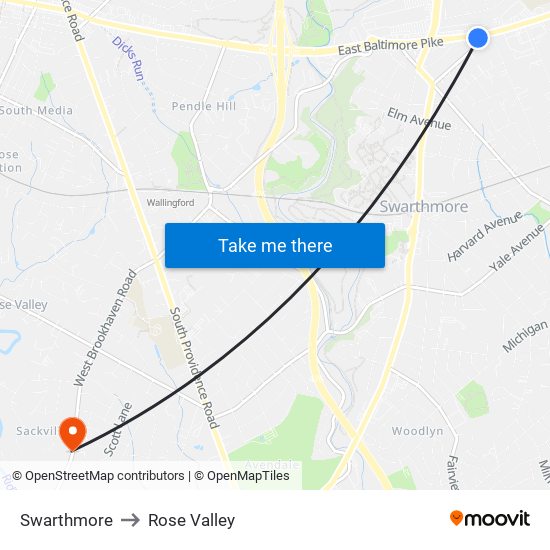 Swarthmore to Rose Valley map