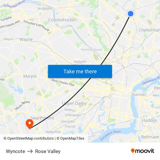 Wyncote to Rose Valley map