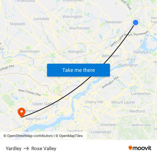 Yardley to Rose Valley map