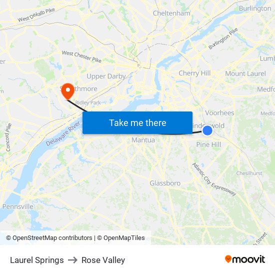 Laurel Springs to Rose Valley map